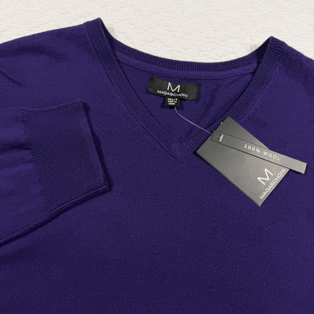 NWT Magaschoni Purple 100% Wool V-Neck Sweater Mens XXL Long Sleeve‎ Preppy